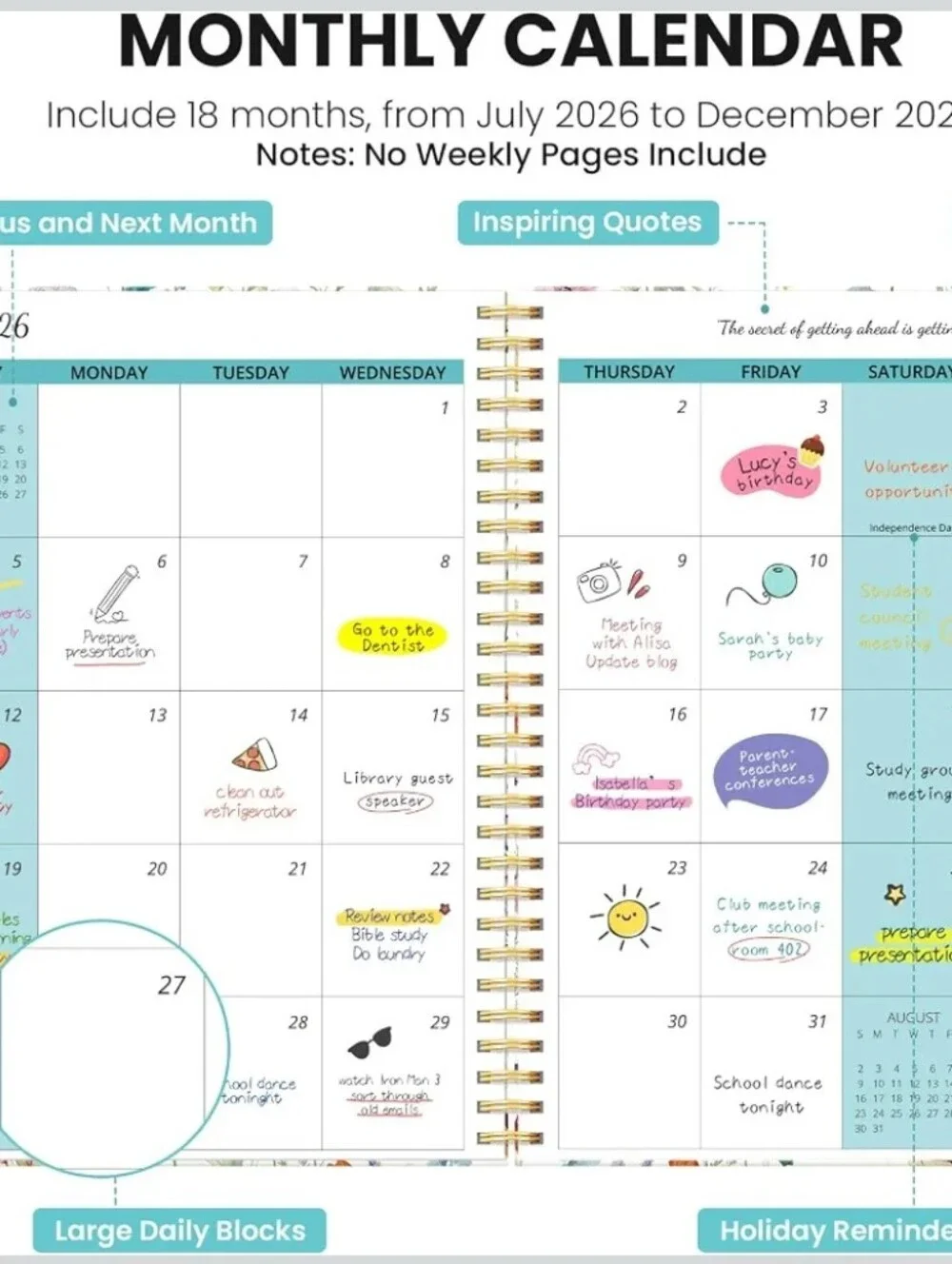 Monthly Planner 2026-2027, 18-Month Aesthetic Calendar, Jul 2026-Dec 2027